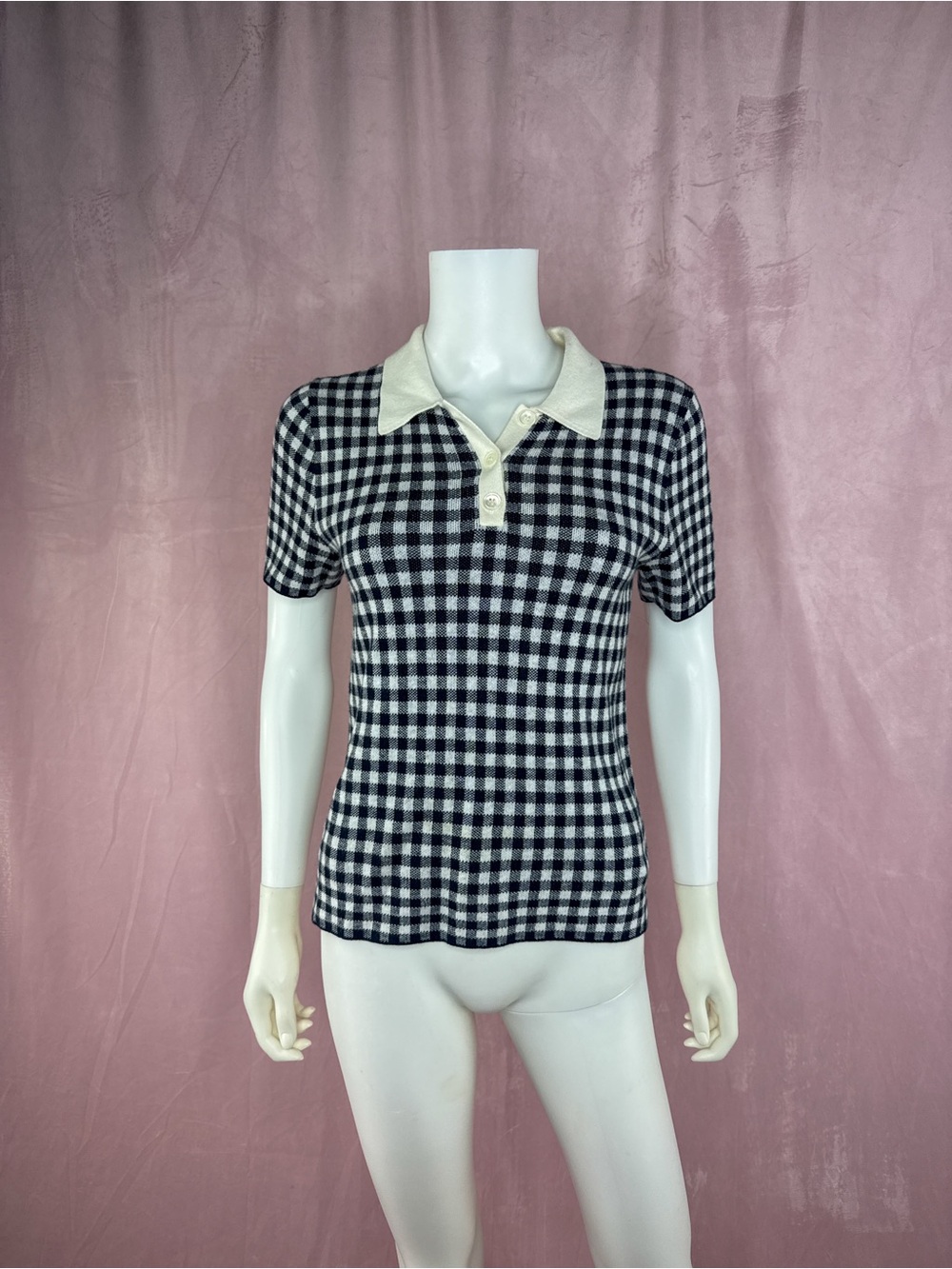 Alex Mill Womens Navy Gingham Cotton Cashmere Polo Sweater Size XS Short Sleeve